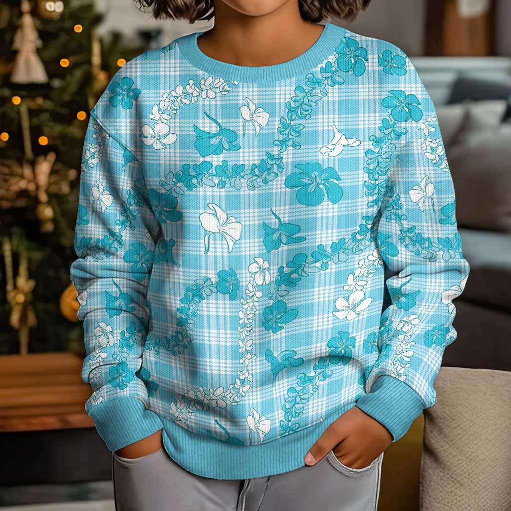 Polu Aloha Hawaii Kid Ugly Christmas Sweater Plumeria Lei With Palaka Motif - Polynesian Pride