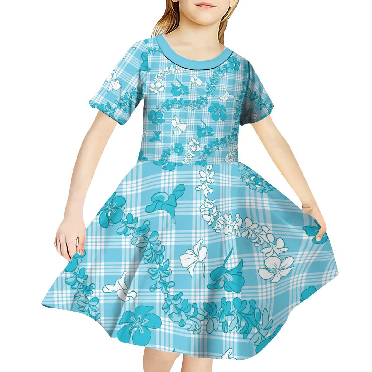 Polu Aloha Hawaii Kid Short Sleeve Dress Plumeria Lei With Palaka Motif - Polynesian Pride