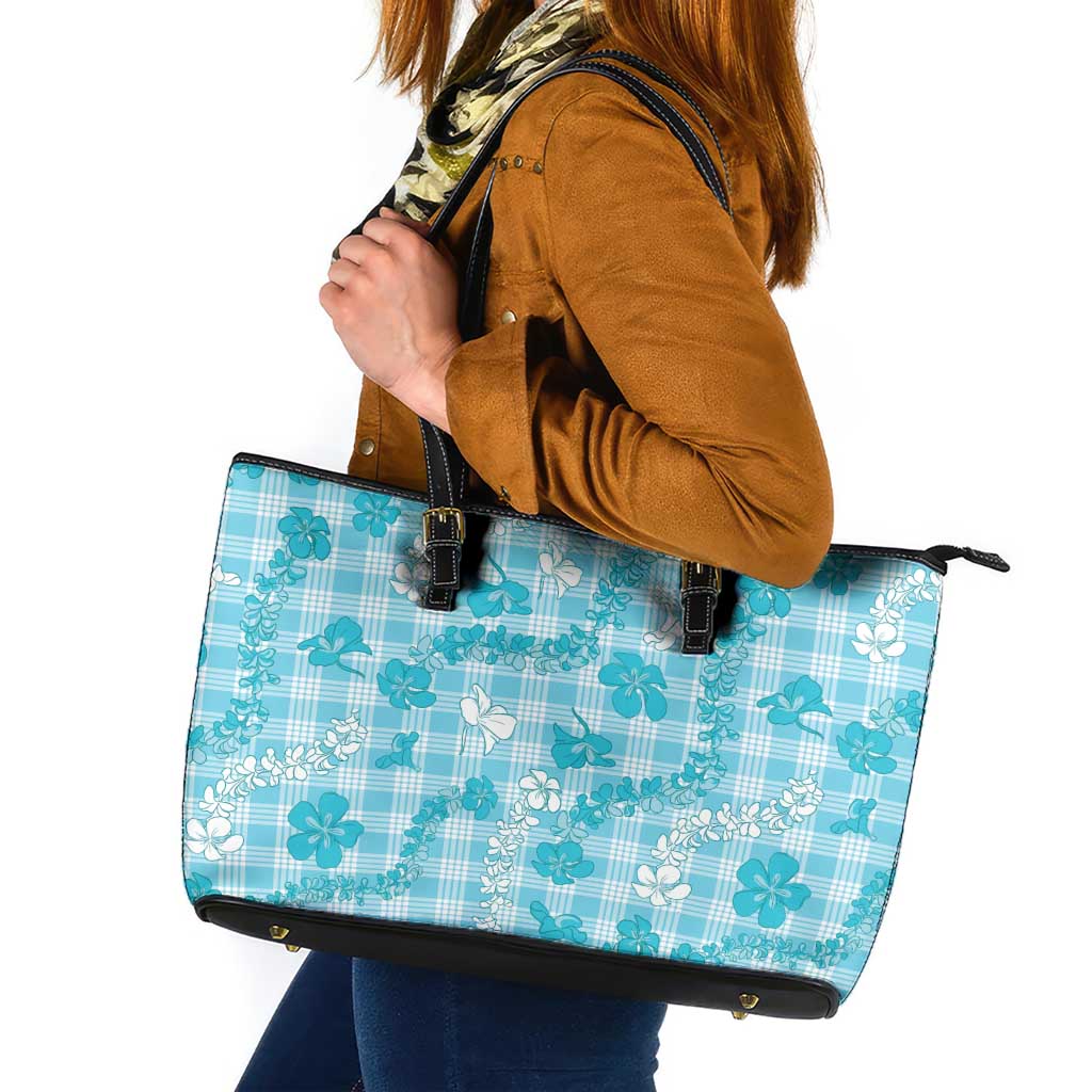 Polu Aloha Hawaii Leather Tote Bag Plumeria Lei With Palaka Motif LT14 Blue - Polynesian Pride