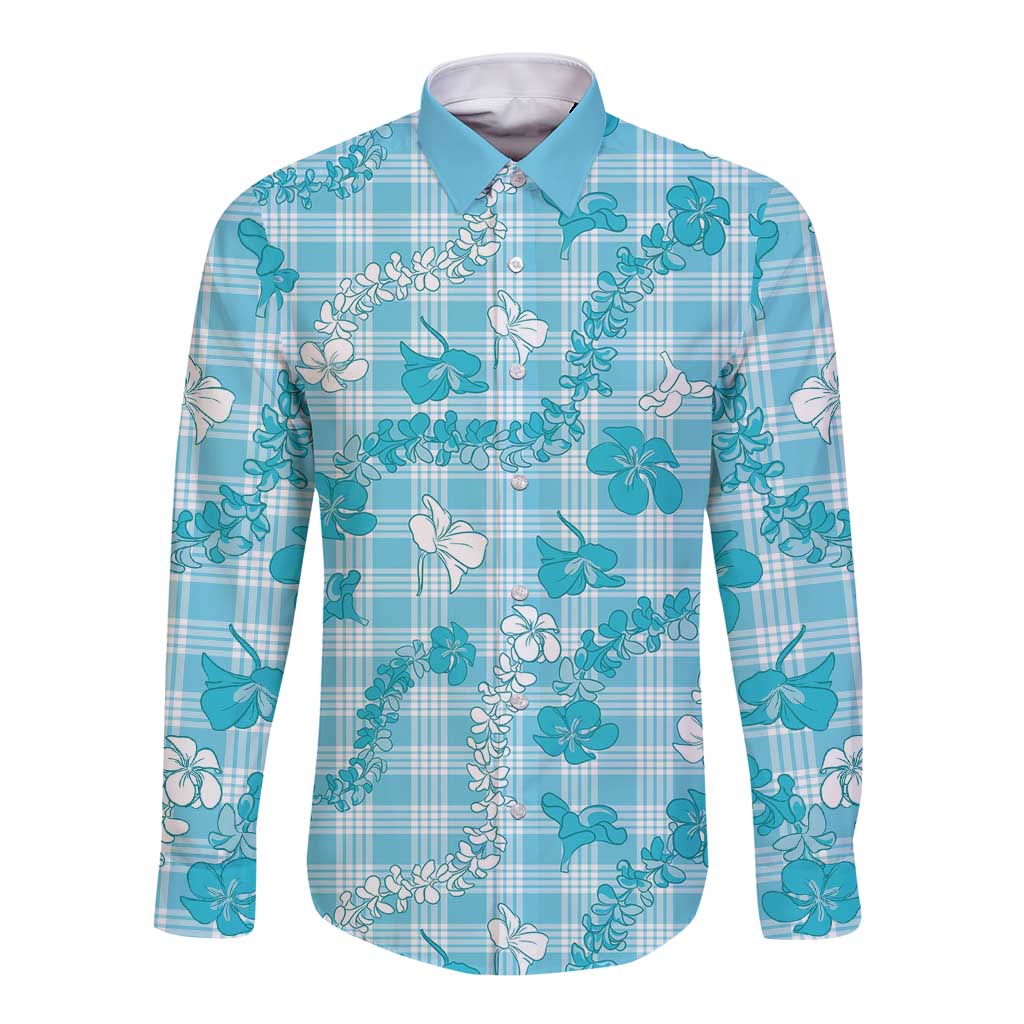 Polu Aloha Hawaii Long Sleeve Button Shirt Plumeria Lei With Palaka Motif LT14 Unisex Blue - Polynesian Pride