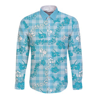 Polu Aloha Hawaii Long Sleeve Button Shirt Plumeria Lei With Palaka Motif LT14 Unisex Blue - Polynesian Pride