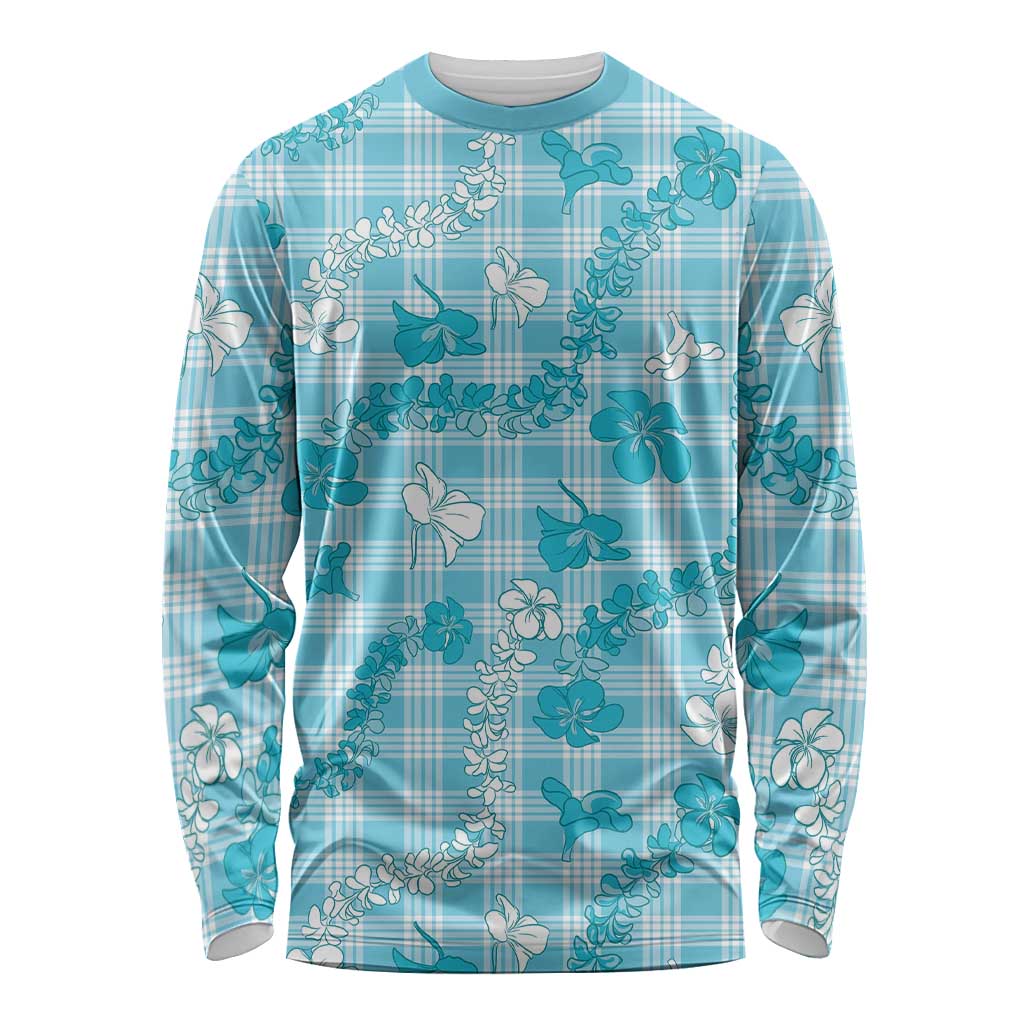 Polu Aloha Hawaii Long Sleeve Shirt Plumeria Lei With Palaka Motif LT14 Unisex Blue - Polynesian Pride