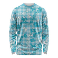 Polu Aloha Hawaii Long Sleeve Shirt Plumeria Lei With Palaka Motif LT14 Unisex Blue - Polynesian Pride