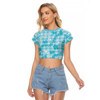 Polu Aloha Hawaii Raglan Cropped T Shirt Plumeria Lei With Palaka Motif LT14 Female Blue - Polynesian Pride