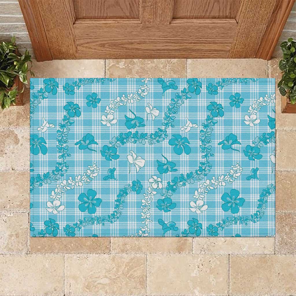 Polu Aloha Hawaii Rubber Doormat Plumeria Lei With Palaka Motif LT14 Blue - Polynesian Pride