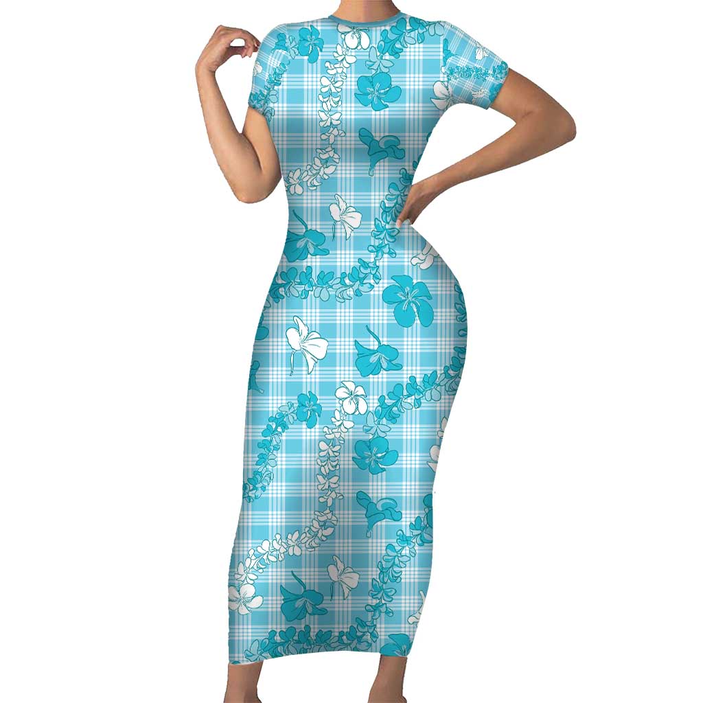 Polu Aloha Hawaii Short Sleeve Bodycon Dress Plumeria Lei With Palaka Motif - Polynesian Pride
