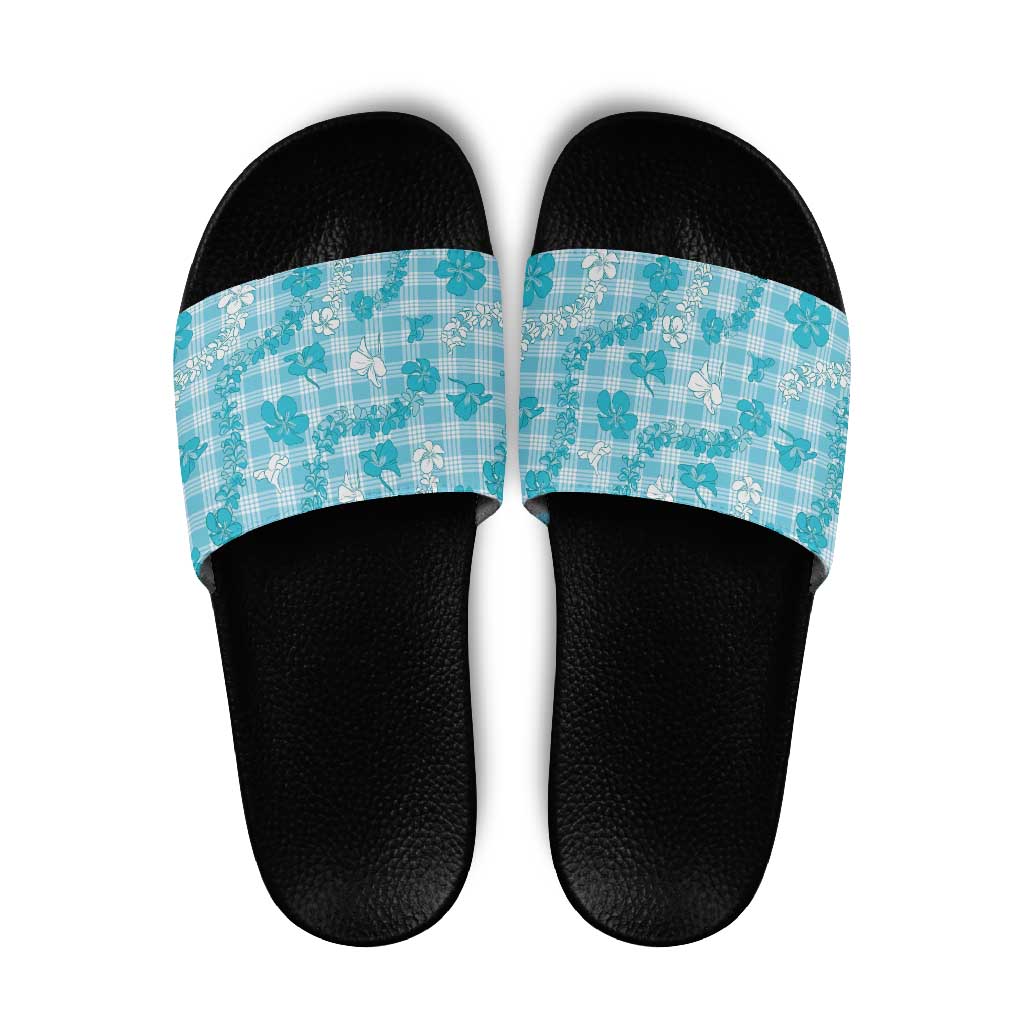 Polu Aloha Hawaii Slide Sandals Plumeria Lei With Palaka Motif LT14 Blue - Polynesian Pride