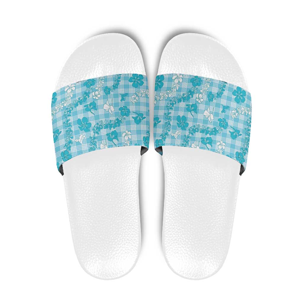 Polu Aloha Hawaii Slide Sandals Plumeria Lei With Palaka Motif LT14 Blue - Polynesian Pride