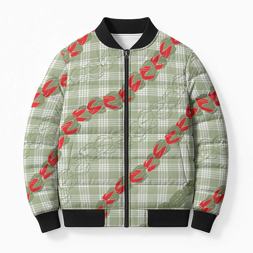 Omaomao Aloha Hawaii Bomber Puffer Jacket Rosebud Lei With Palaka Motif LT14 Unisex Green - Polynesian Pride