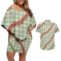 Omaomao Aloha Hawaii Couples Matching Off Shoulder Short Dress and Hawaiian Shirt Rosebud Lei With Palaka Motif - Polynesian Pride