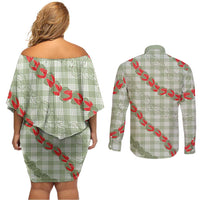 Omaomao Aloha Hawaii Couples Matching Off Shoulder Short Dress and Long Sleeve Button Shirt Rosebud Lei With Palaka Motif - Polynesian Pride