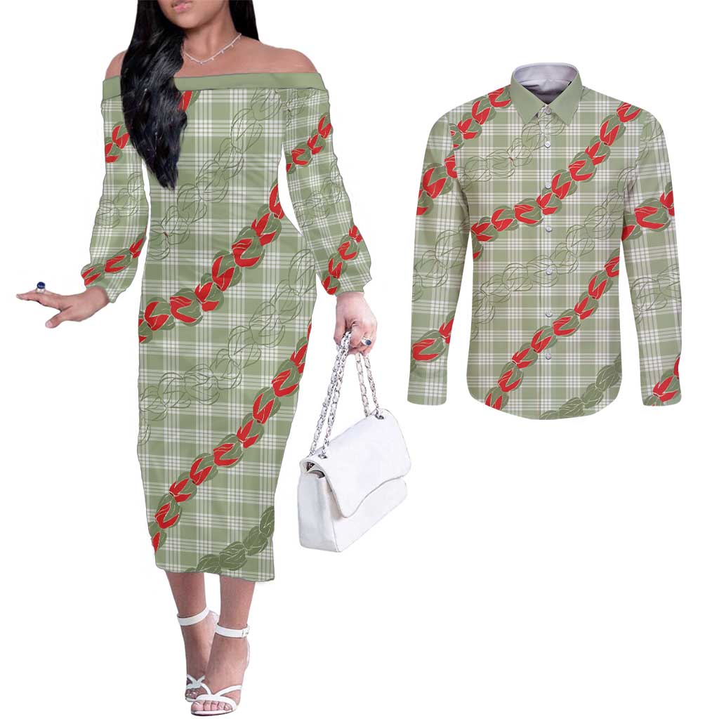 Omaomao Aloha Hawaii Couples Matching Off The Shoulder Long Sleeve Dress and Long Sleeve Button Shirt Rosebud Lei With Palaka Motif - Polynesian Pride