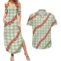 Omaomao Aloha Hawaii Couples Matching Summer Maxi Dress and Hawaiian Shirt Rosebud Lei With Palaka Motif - Polynesian Pride