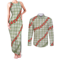 Omaomao Aloha Hawaii Couples Matching Tank Maxi Dress and Long Sleeve Button Shirt Rosebud Lei With Palaka Motif - Polynesian Pride