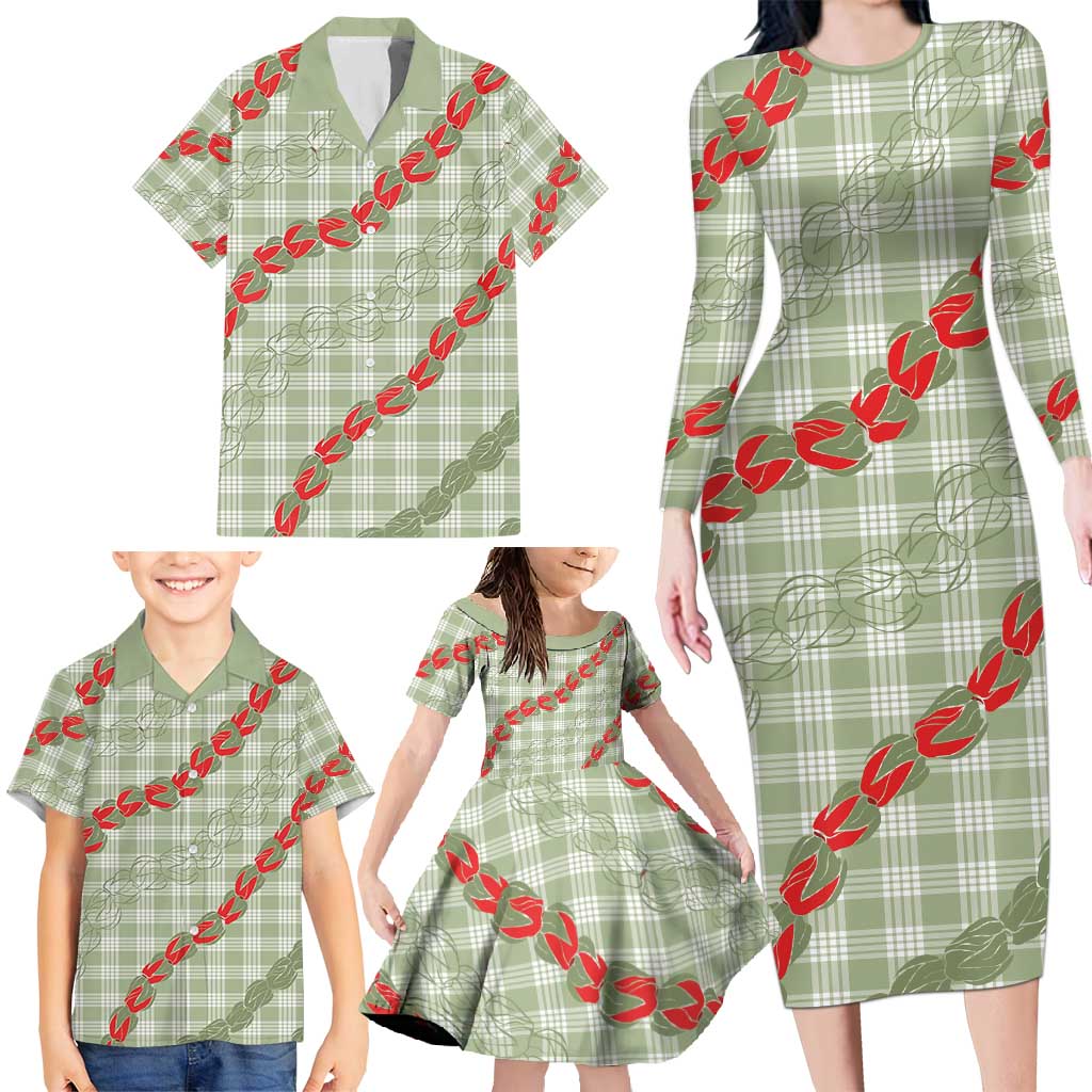 Omaomao Aloha Hawaii Family Matching Long Sleeve Bodycon Dress and Hawaiian Shirt Rosebud Lei With Palaka Motif - Polynesian Pride