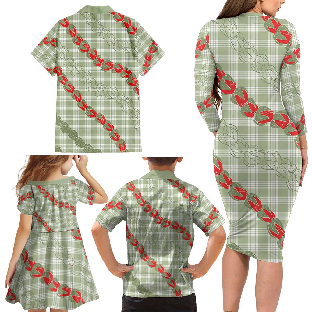 Omaomao Aloha Hawaii Family Matching Long Sleeve Bodycon Dress and Hawaiian Shirt Rosebud Lei With Palaka Motif - Polynesian Pride