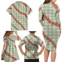 Omaomao Aloha Hawaii Family Matching Long Sleeve Bodycon Dress and Hawaiian Shirt Rosebud Lei With Palaka Motif - Polynesian Pride
