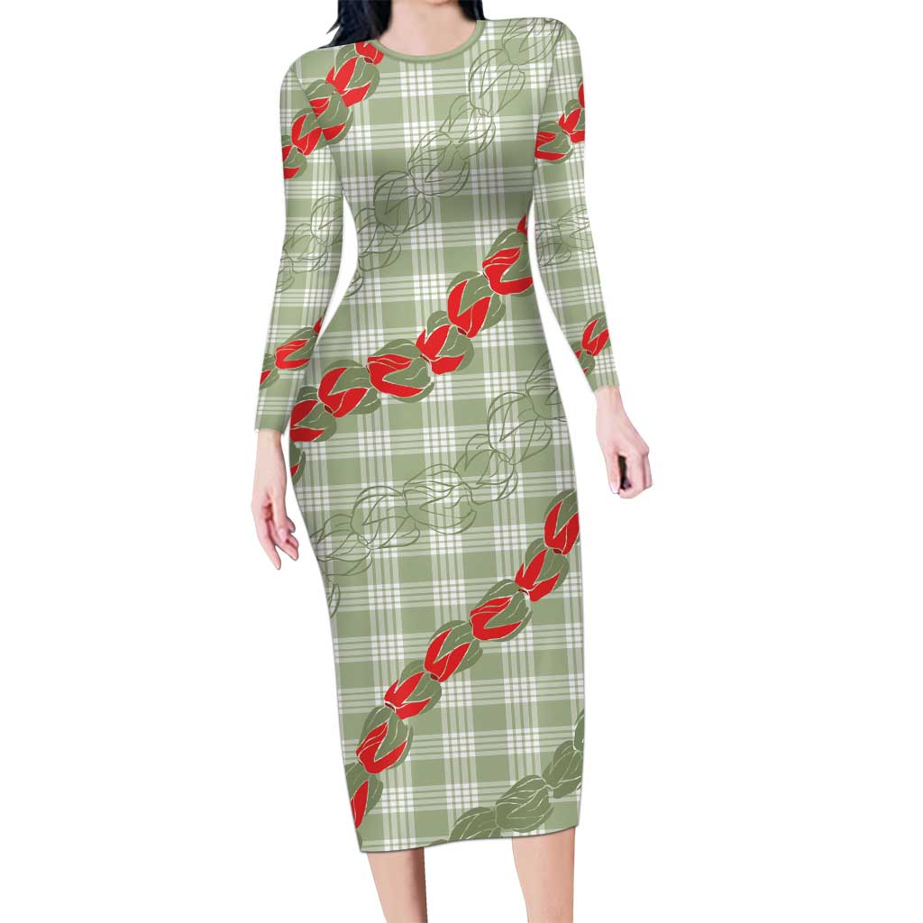 Omaomao Aloha Hawaii Family Matching Long Sleeve Bodycon Dress and Hawaiian Shirt Rosebud Lei With Palaka Motif - Polynesian Pride