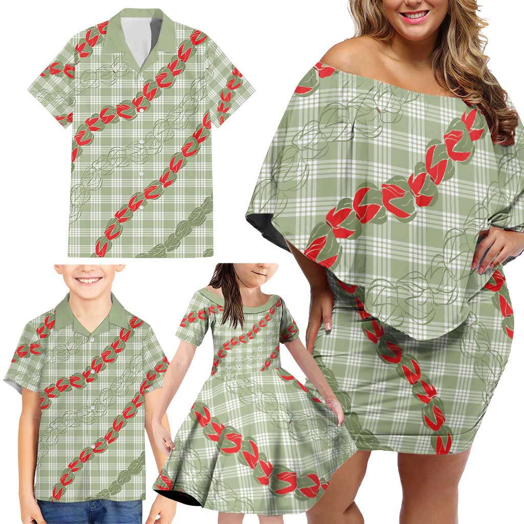 Omaomao Aloha Hawaii Family Matching Off Shoulder Short Dress and Hawaiian Shirt Rosebud Lei With Palaka Motif - Polynesian Pride