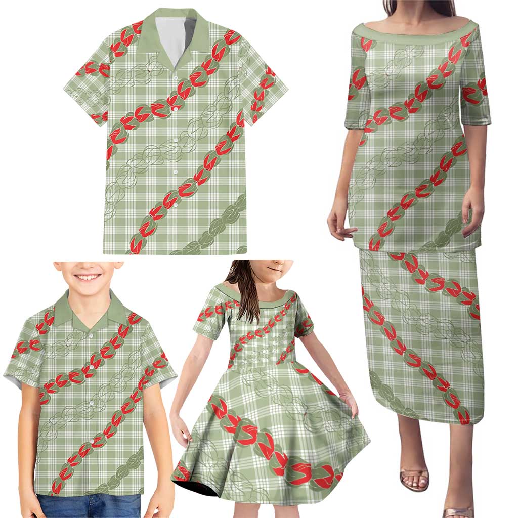 Omaomao Aloha Hawaii Family Matching Puletasi and Hawaiian Shirt Rosebud Lei With Palaka Motif - Polynesian Pride