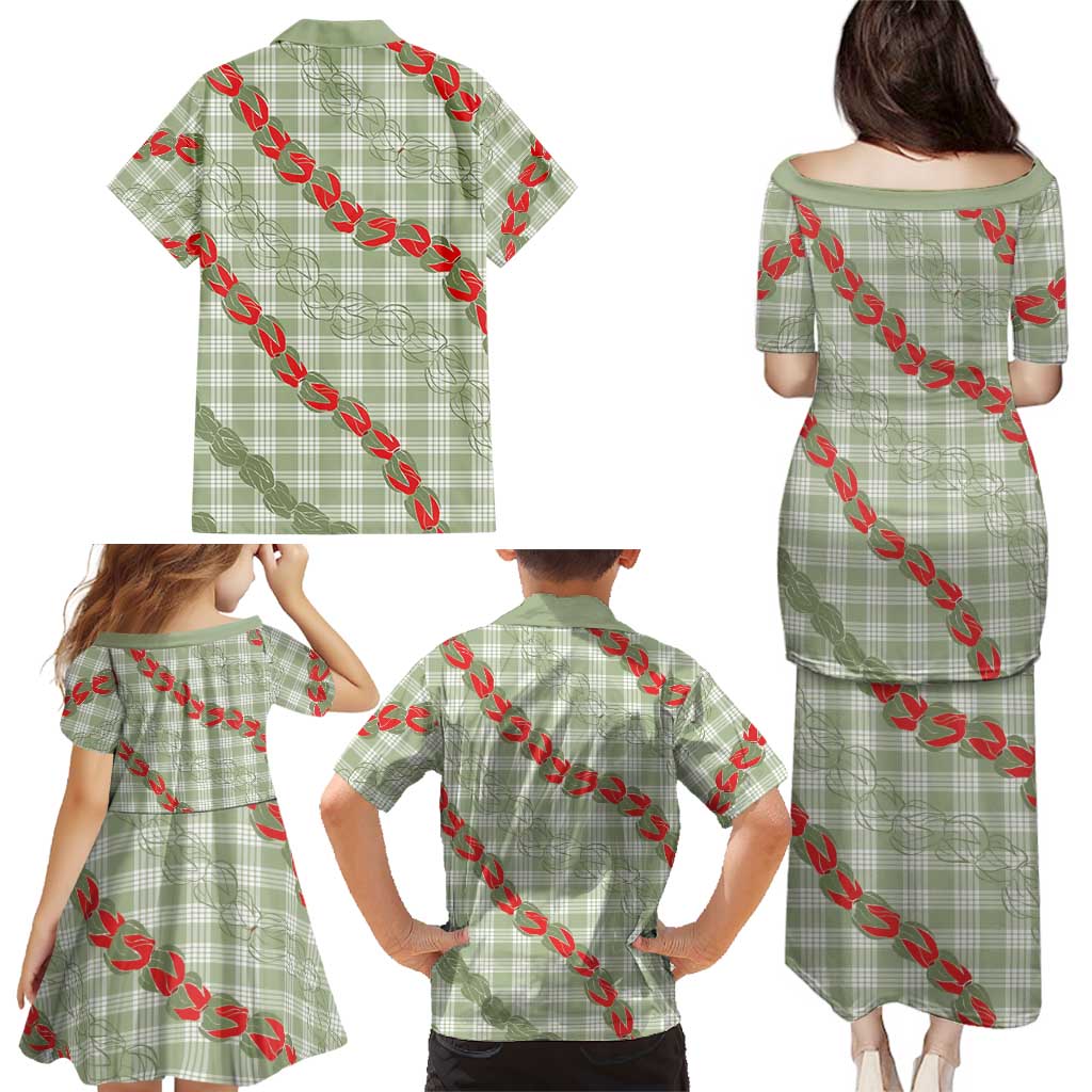 Omaomao Aloha Hawaii Family Matching Puletasi and Hawaiian Shirt Rosebud Lei With Palaka Motif - Polynesian Pride