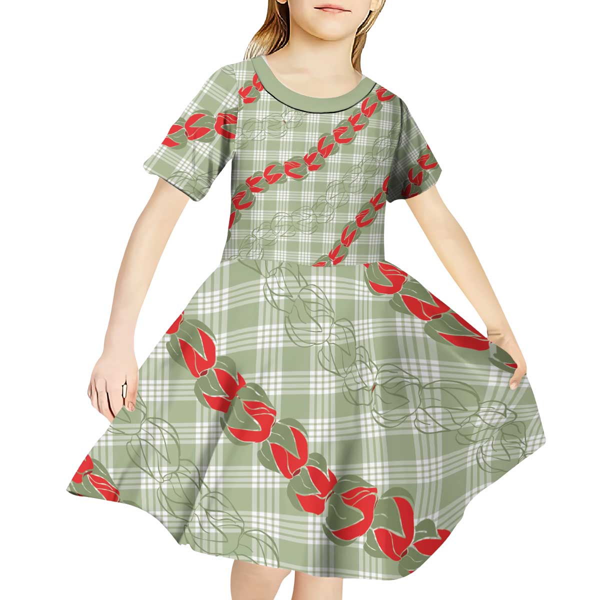 Omaomao Aloha Hawaii Kid Short Sleeve Dress Rosebud Lei With Palaka Motif - Polynesian Pride