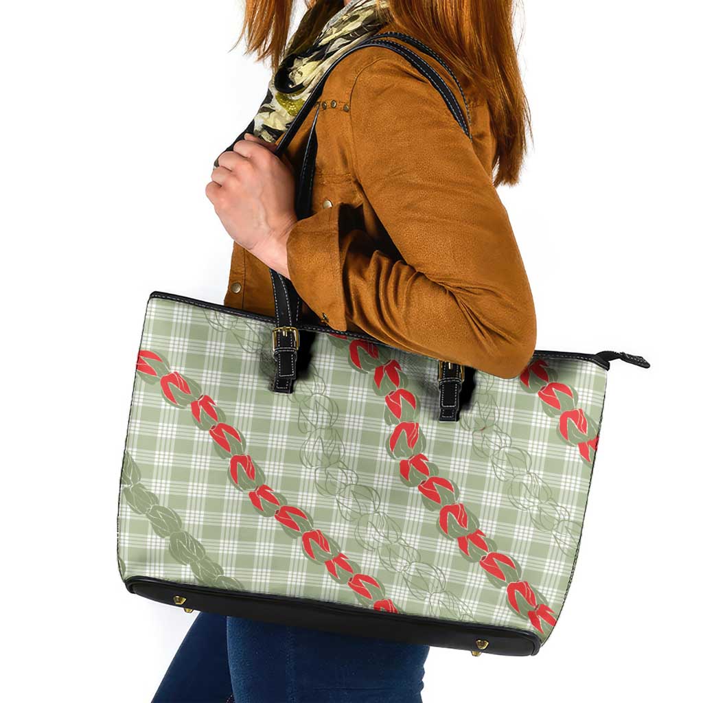 Omaomao Aloha Hawaii Leather Tote Bag Rosebud Lei With Palaka Motif LT14 Green - Polynesian Pride