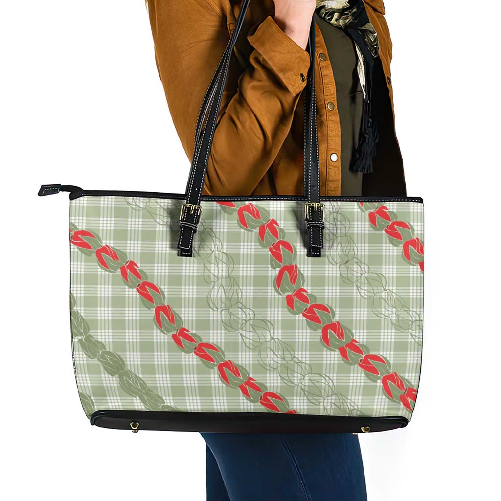Omaomao Aloha Hawaii Leather Tote Bag Rosebud Lei With Palaka Motif LT14 - Polynesian Pride