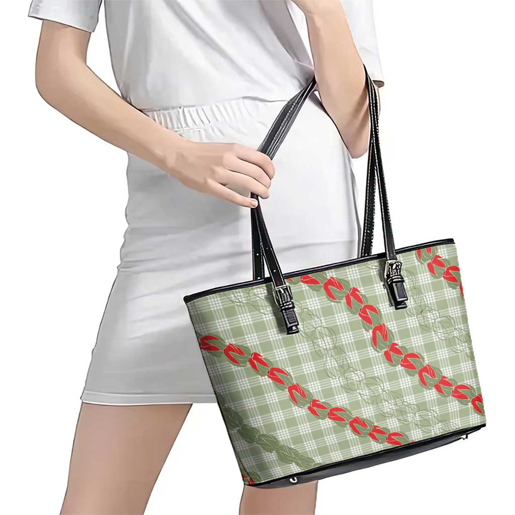 Omaomao Aloha Hawaii Leather Tote Bag Rosebud Lei With Palaka Motif LT14 - Polynesian Pride