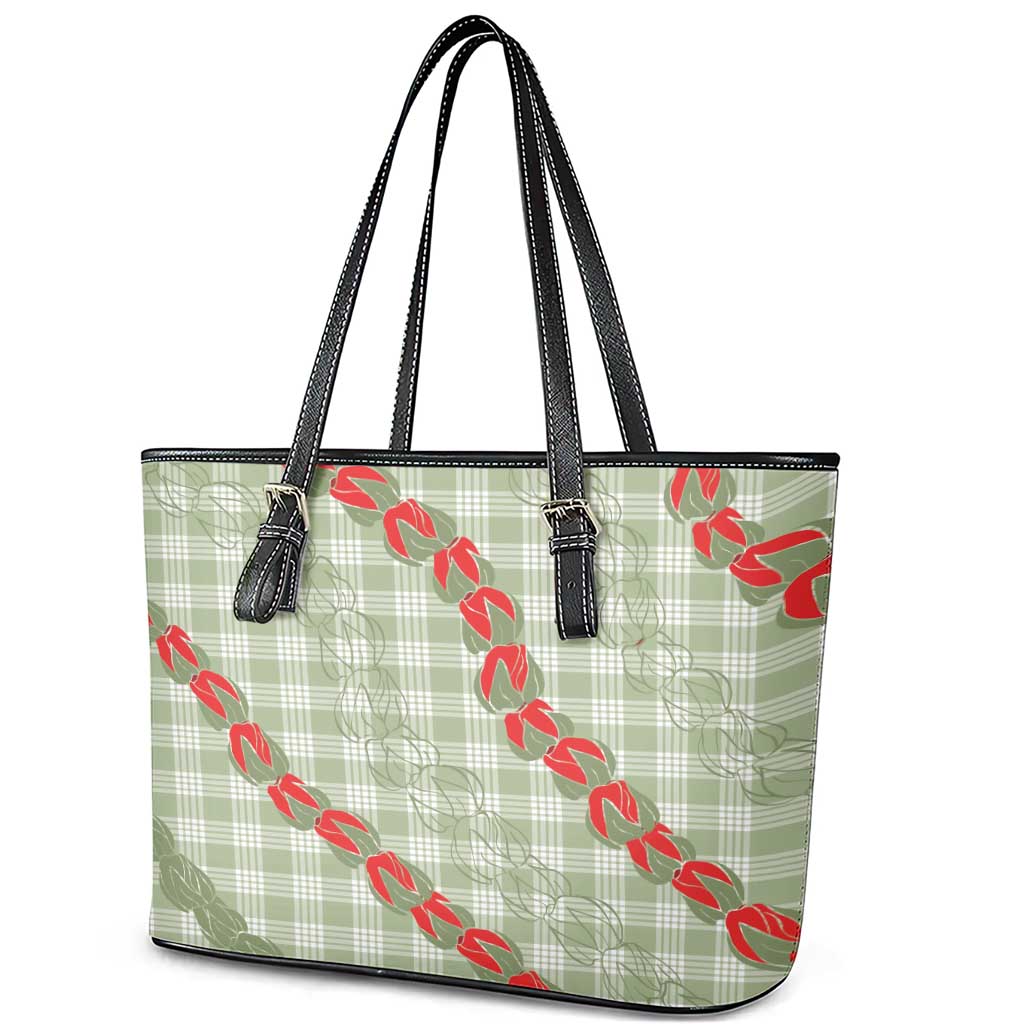 Omaomao Aloha Hawaii Leather Tote Bag Rosebud Lei With Palaka Motif LT14 - Polynesian Pride