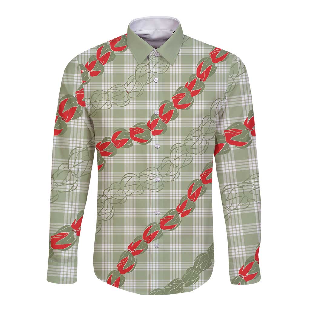Omaomao Aloha Hawaii Long Sleeve Button Shirt Rosebud Lei With Palaka Motif LT14 Unisex Green - Polynesian Pride