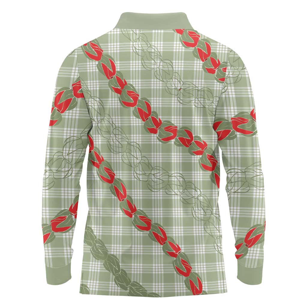 Omaomao Aloha Hawaii Long Sleeve Polo Shirt Rosebud Lei With Palaka Motif - Polynesian Pride