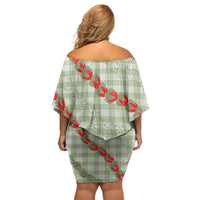 Omaomao Aloha Hawaii Off Shoulder Short Dress Rosebud Lei With Palaka Motif - Polynesian Pride