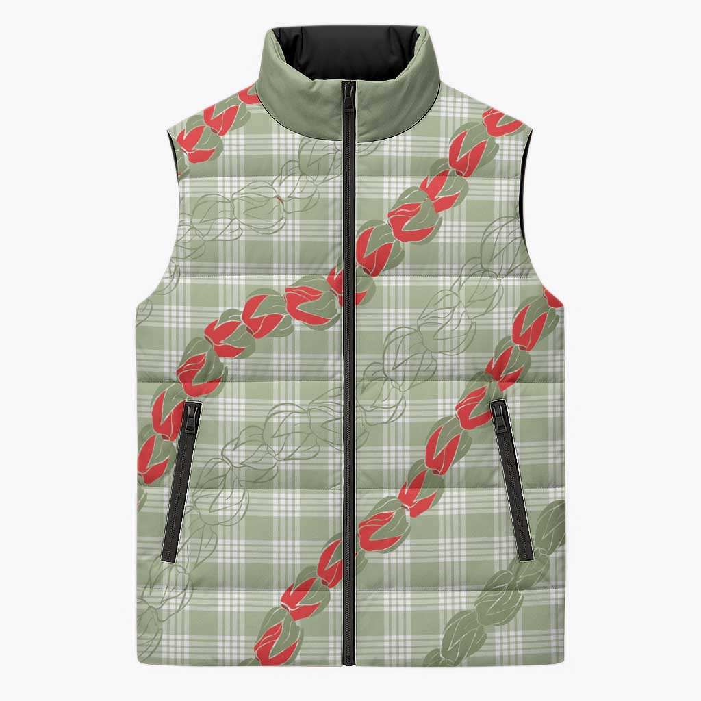 Omaomao Aloha Hawaii Sleeveless Puffer Jacket Rosebud Lei With Palaka Motif LT14 Unisex Green - Polynesian Pride