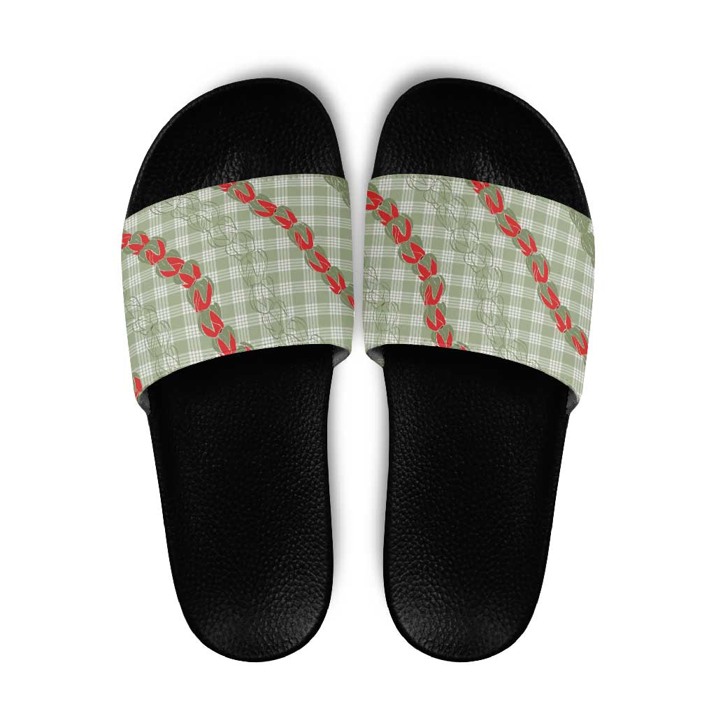 Omaomao Aloha Hawaii Slide Sandals Rosebud Lei With Palaka Motif LT14 Green - Polynesian Pride