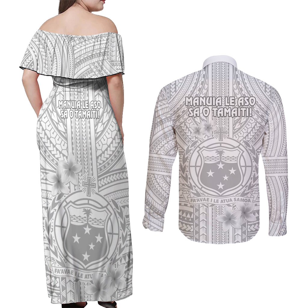samoa-white-sunday-couples-matching-off-shoulder-maxi-dress-and-long-sleeve-button-shirts-manuia-le-aso-sa-o-tamaiti-polynesian-plumeria