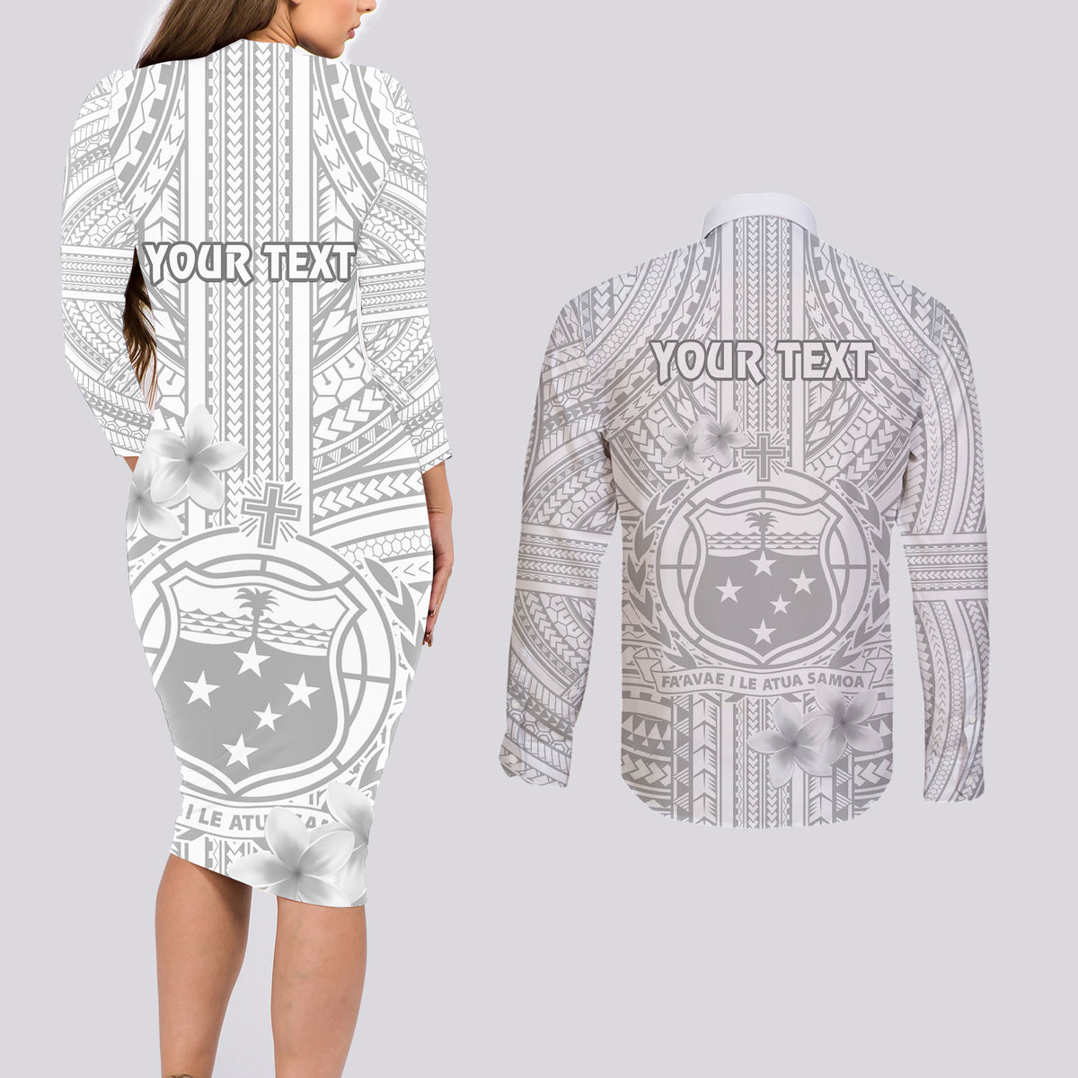 personalised-samoa-white-sunday-couples-matching-long-sleeve-bodycon-dress-and-long-sleeve-button-shirts-manuia-le-aso-sa-o-tamaiti-polynesian-plumeria