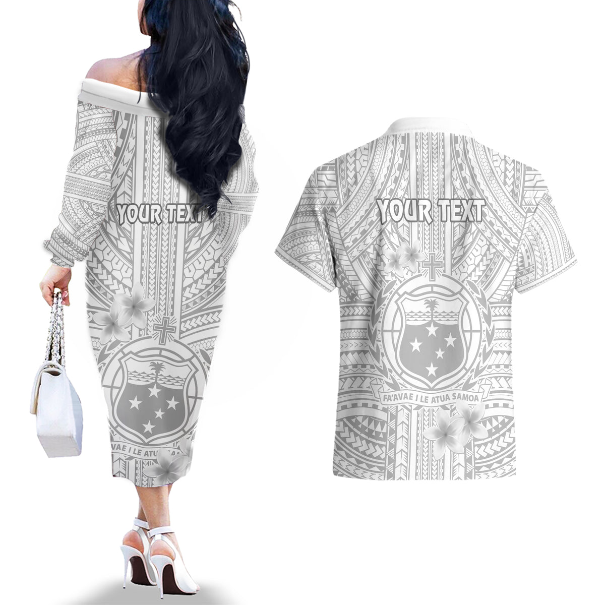 personalised-samoa-white-sunday-couples-matching-off-the-shoulder-long-sleeve-dress-and-hawaiian-shirt-manuia-le-aso-sa-o-tamaiti-polynesian-plumeria