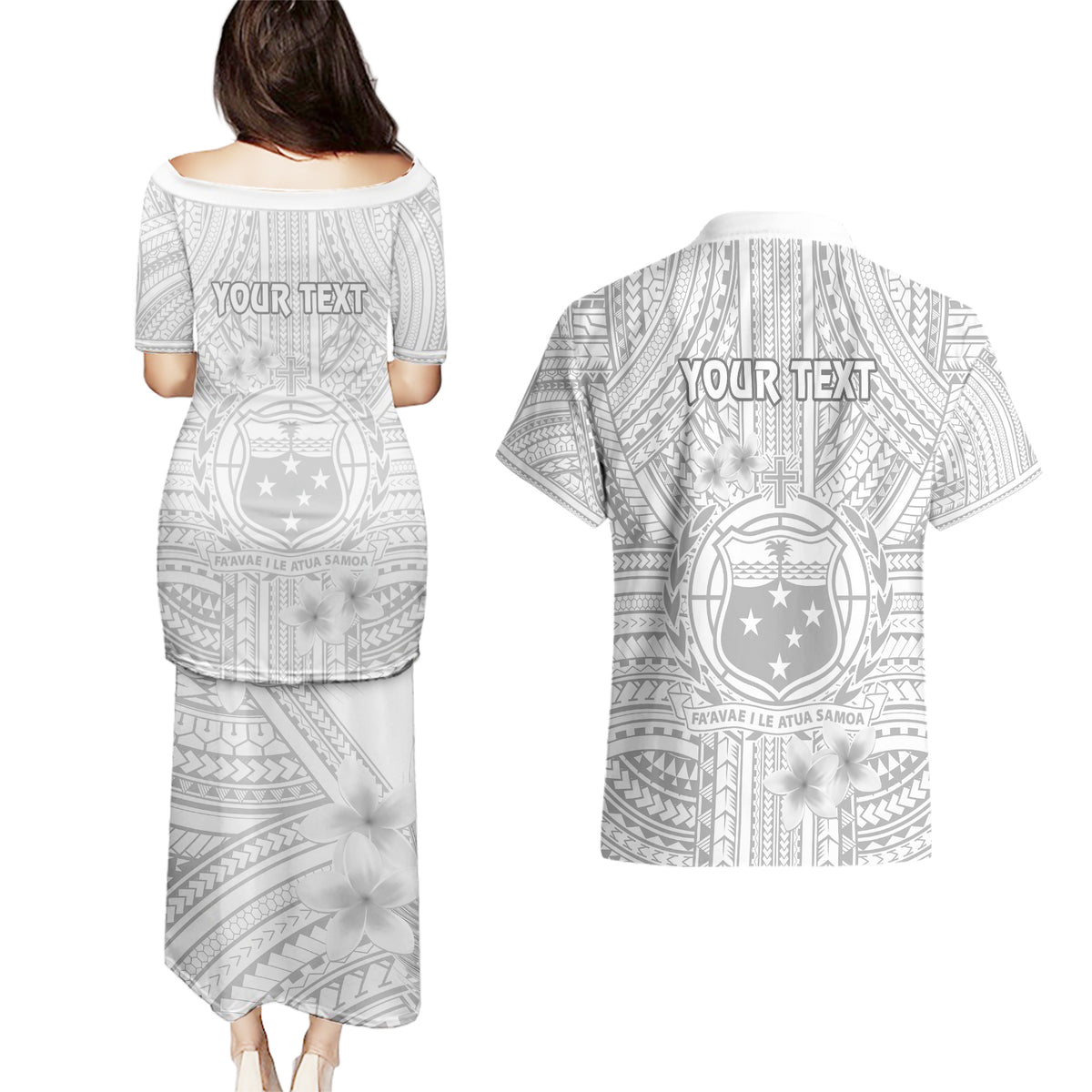 personalised-samoa-white-sunday-couples-matching-puletasi-dress-and-hawaiian-shirt-manuia-le-aso-sa-o-tamaiti-polynesian-plumeria