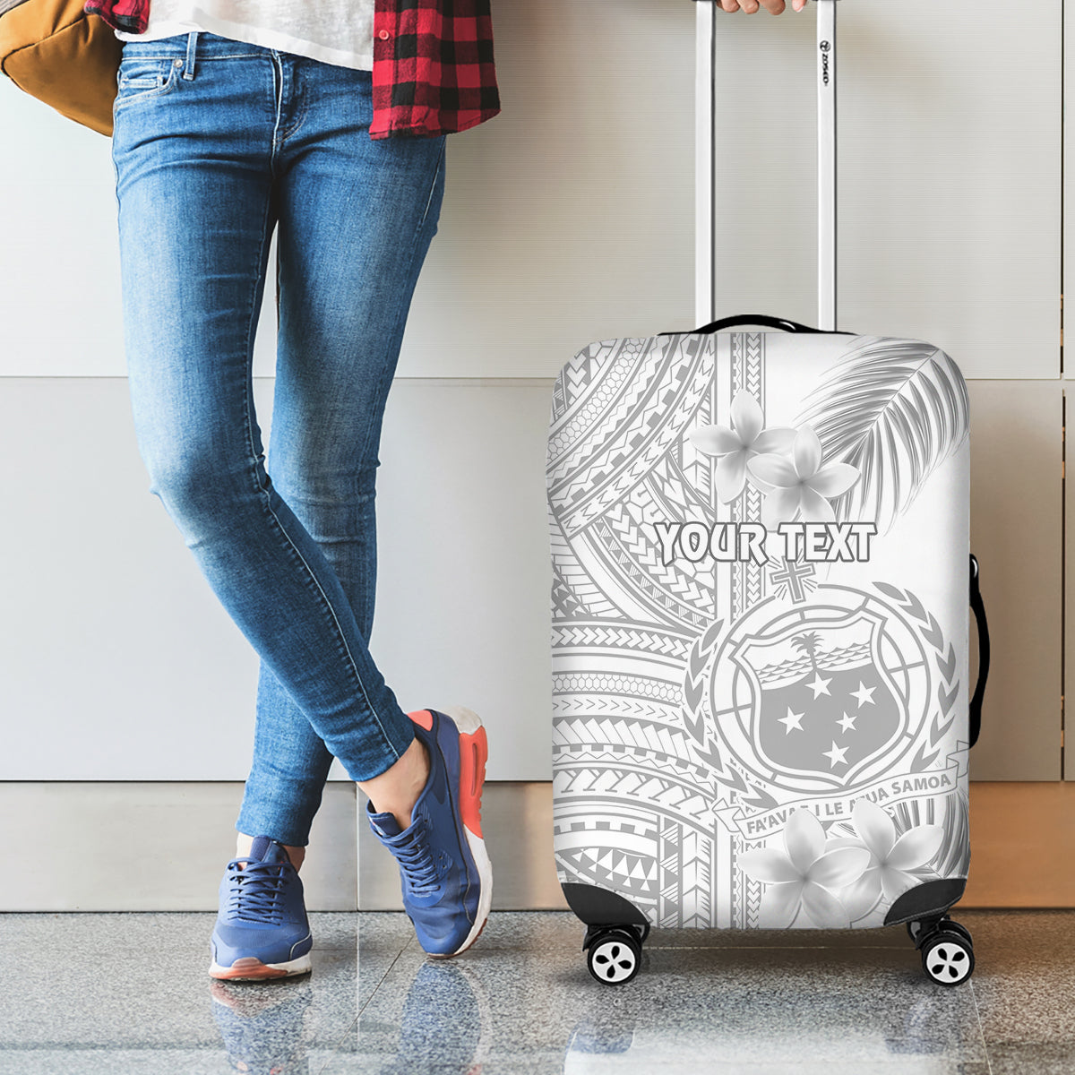 Personalised Samoa White Sunday Luggage Cover Manuia le Aso Sa o Tamaiti Polynesian Plumeria LT14 - Polynesian Pride