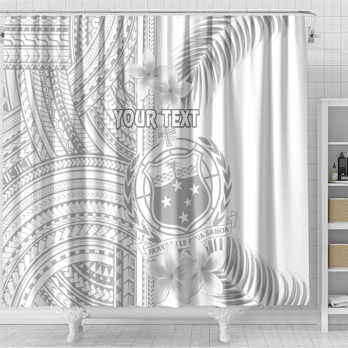Personalised Samoa White Sunday Shower Curtain Manuia le Aso Sa o Tamaiti Polynesian Plumeria LT14 - Polynesian Pride