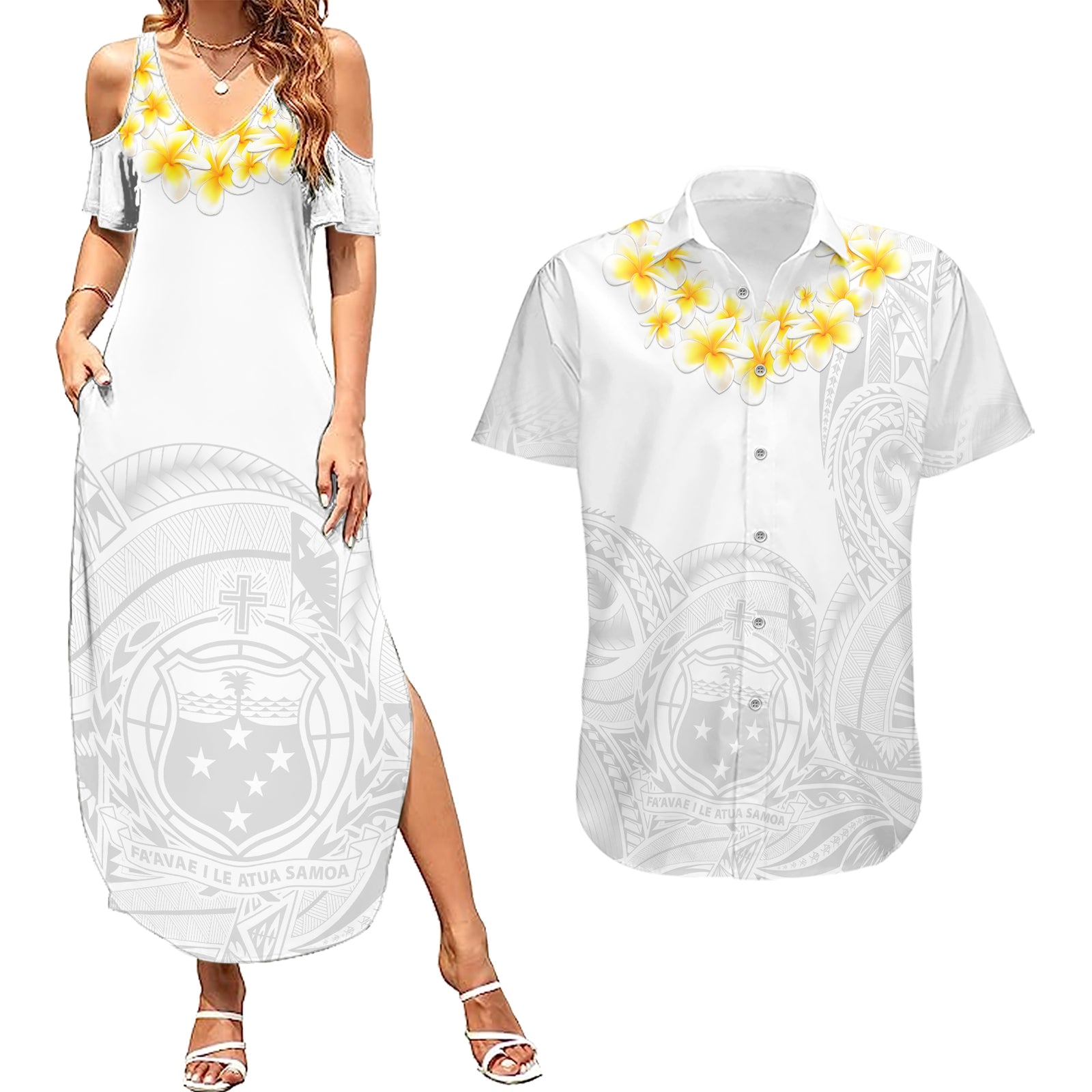 Samoa White Sunday Couples Matching Summer Maxi Dress and Hawaiian Shirt Lotu Tamaiti 2023 With Coat Of Arms LT14 White - Polynesian Pride
