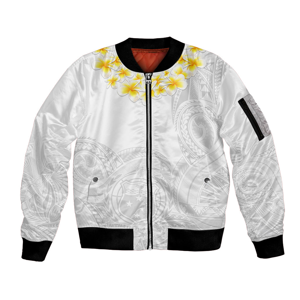 Samoa White Sunday Sleeve Zip Bomber Jacket Lotu Tamaiti 2023 With Coat Of Arms LT14 Unisex White - Polynesian Pride