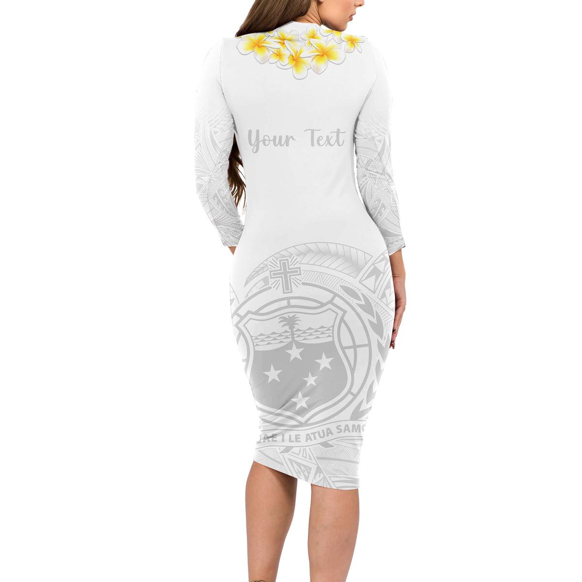 Personalised Samoa White Sunday Long Sleeve Bodycon Dress Lotu Tamaiti 2023 With Coat Of Arms LT14 - Polynesian Pride