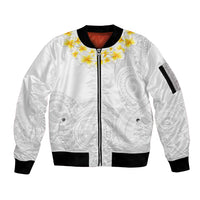 Personalised Samoa White Sunday Sleeve Zip Bomber Jacket Lotu Tamaiti 2023 With Coat Of Arms LT14 Unisex White - Polynesian Pride