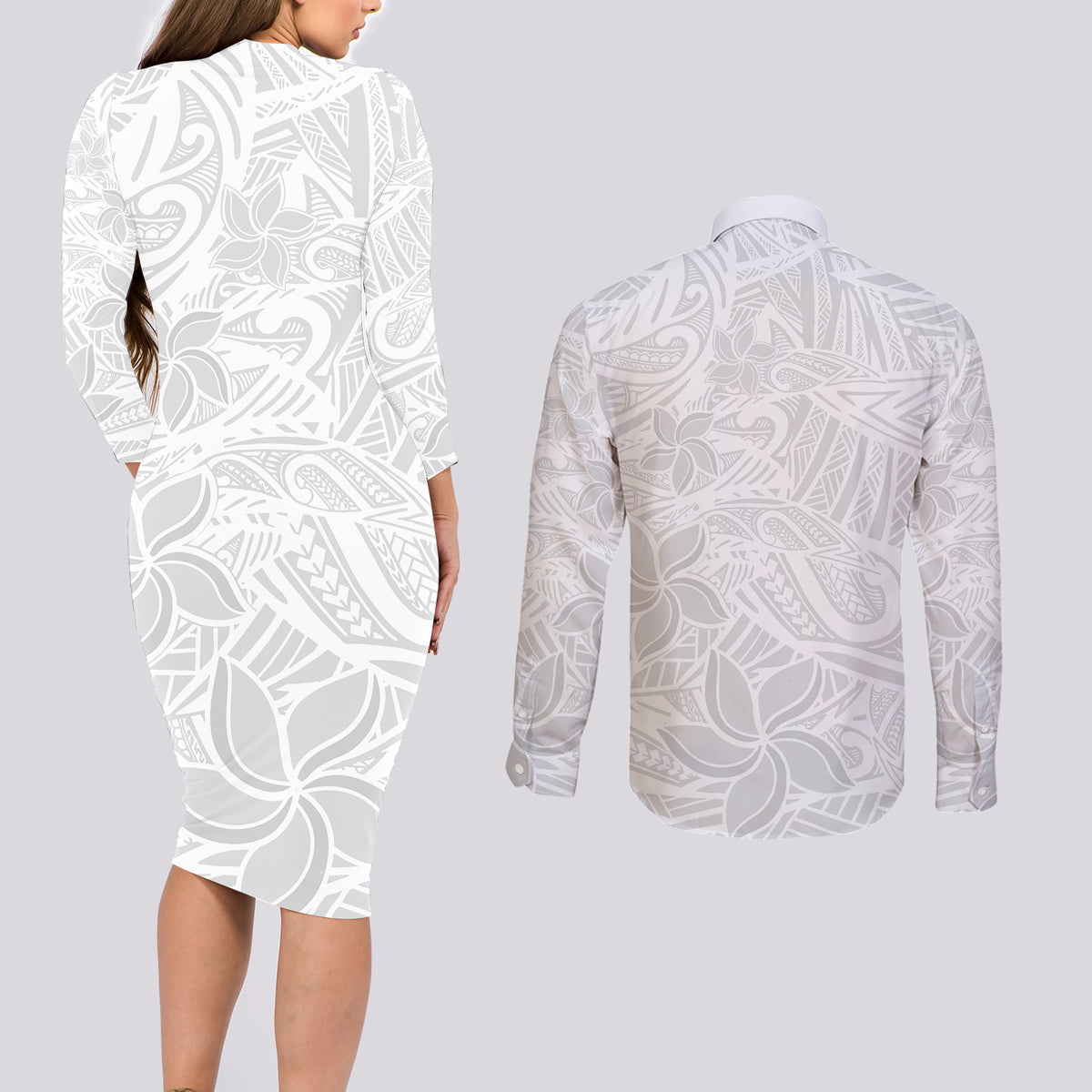 Polynesia White Sunday Couples Matching Long Sleeve Bodycon Dress and Long Sleeve Button Shirts Polynesian Pattern With Tropical Flowers LT14 - Polynesian Pride
