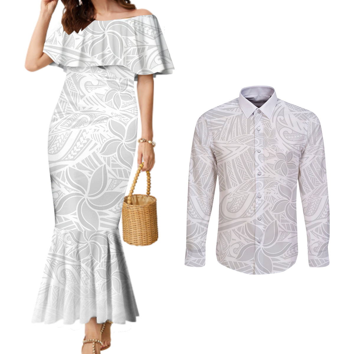 Polynesia White Sunday Couples Matching Mermaid Dress and Long Sleeve Button Shirts Polynesian Pattern With Tropical Flowers LT14 White - Polynesian Pride