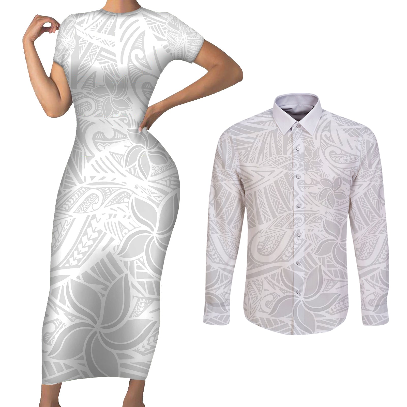 Polynesia White Sunday Couples Matching Short Sleeve Bodycon Dress and Long Sleeve Button Shirts Polynesian Pattern With Tropical Flowers LT14 White - Polynesian Pride