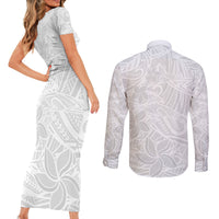 Polynesia White Sunday Couples Matching Short Sleeve Bodycon Dress and Long Sleeve Button Shirts Polynesian Pattern With Tropical Flowers LT14 - Polynesian Pride