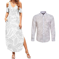 Polynesia White Sunday Couples Matching Summer Maxi Dress and Long Sleeve Button Shirts Polynesian Pattern With Tropical Flowers LT14 White - Polynesian Pride
